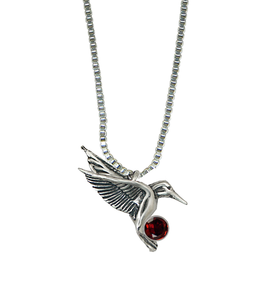 Sterling Silver Hummingbird Pendant With Garnet